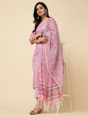 Floral Printed Cotton Kurta With Pants & Dupatta