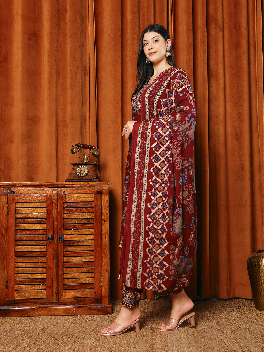 Printed Cotton Blend Kurta With Pants & Dupatta