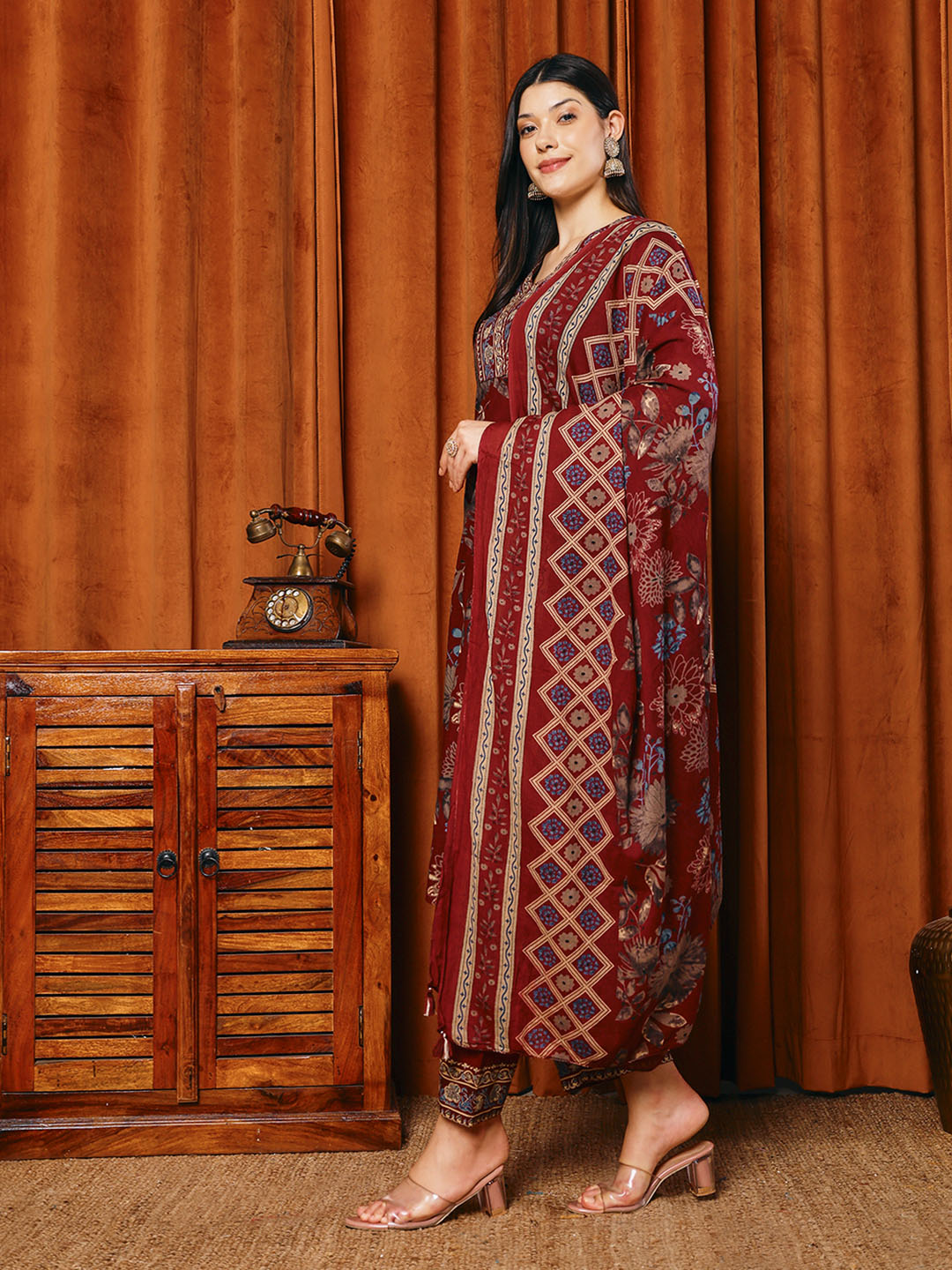 Printed Cotton Blend Kurta With Pants &amp; Dupatta