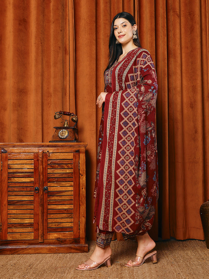 Printed Cotton Blend Kurta With Pants &amp; Dupatta