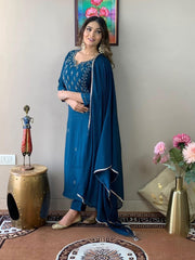 Neck Embroidery Cotton Blend Kurta With Pants & Dupatta