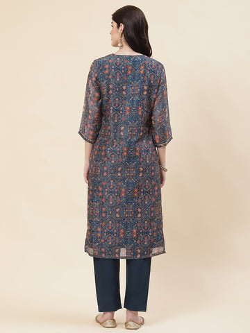 Printed Chanderi Kurta With Pants