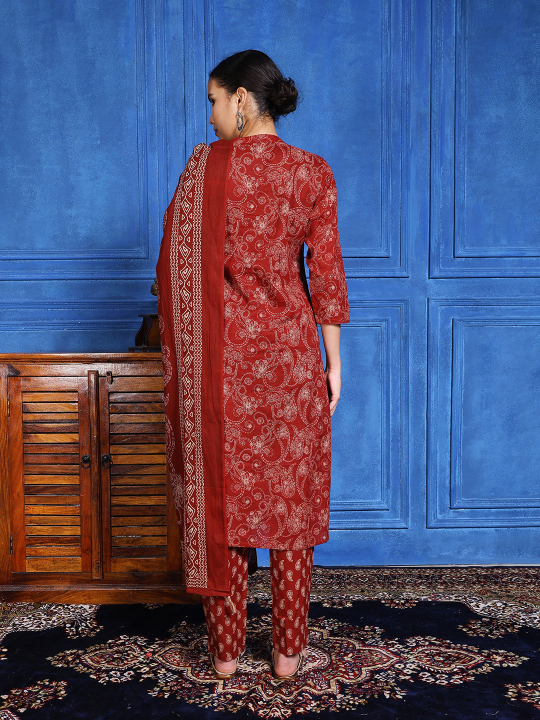 Printed Cotton Blend Kurta With Pants & Dupatta