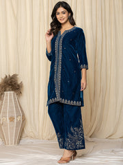 Zari Neck Embroidered Velvet Kurta With Pants