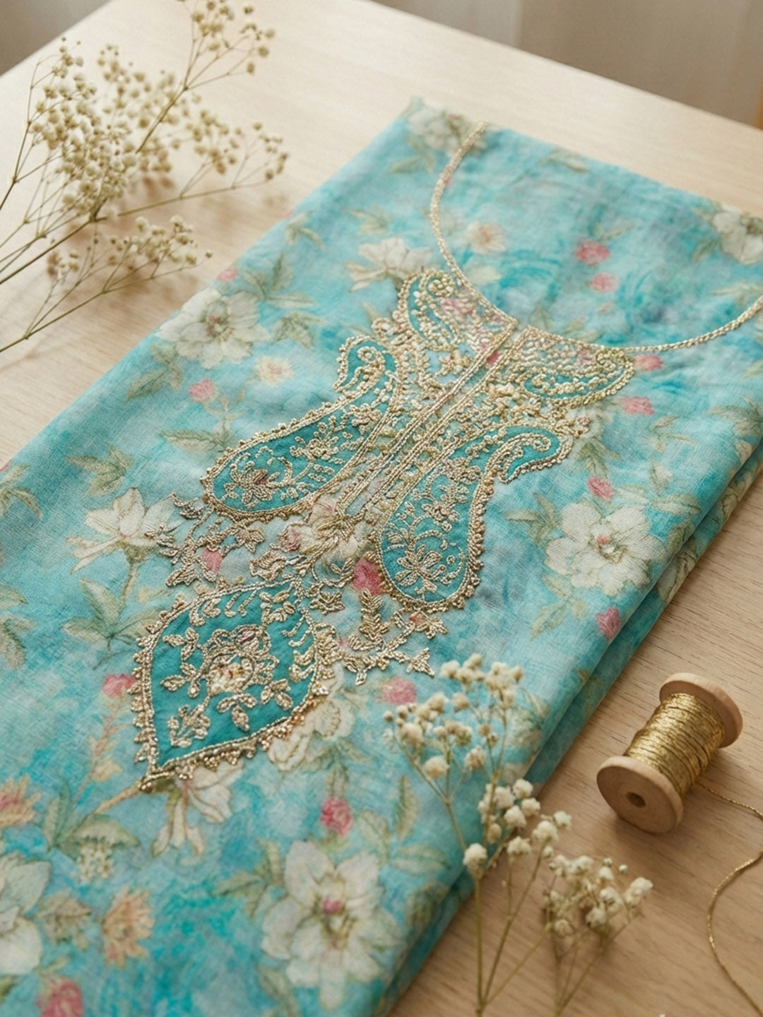 Embroidered Cotton Blend Unstitched Suit With Pant &amp; Dupatta