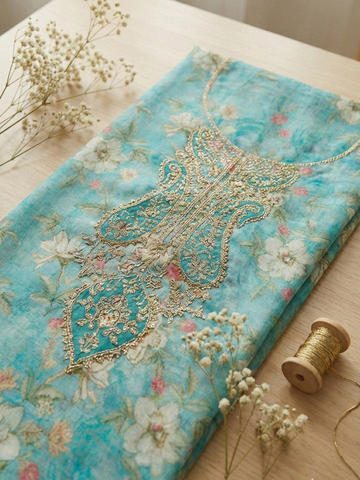 Embroidered Cotton Blend Unstitched Suit With Pant &amp; Dupatta