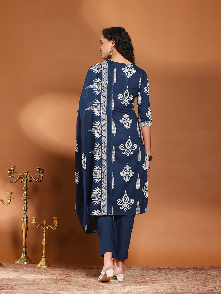 Printed Cotton Blend Kurta With Pant &amp; Dupatta