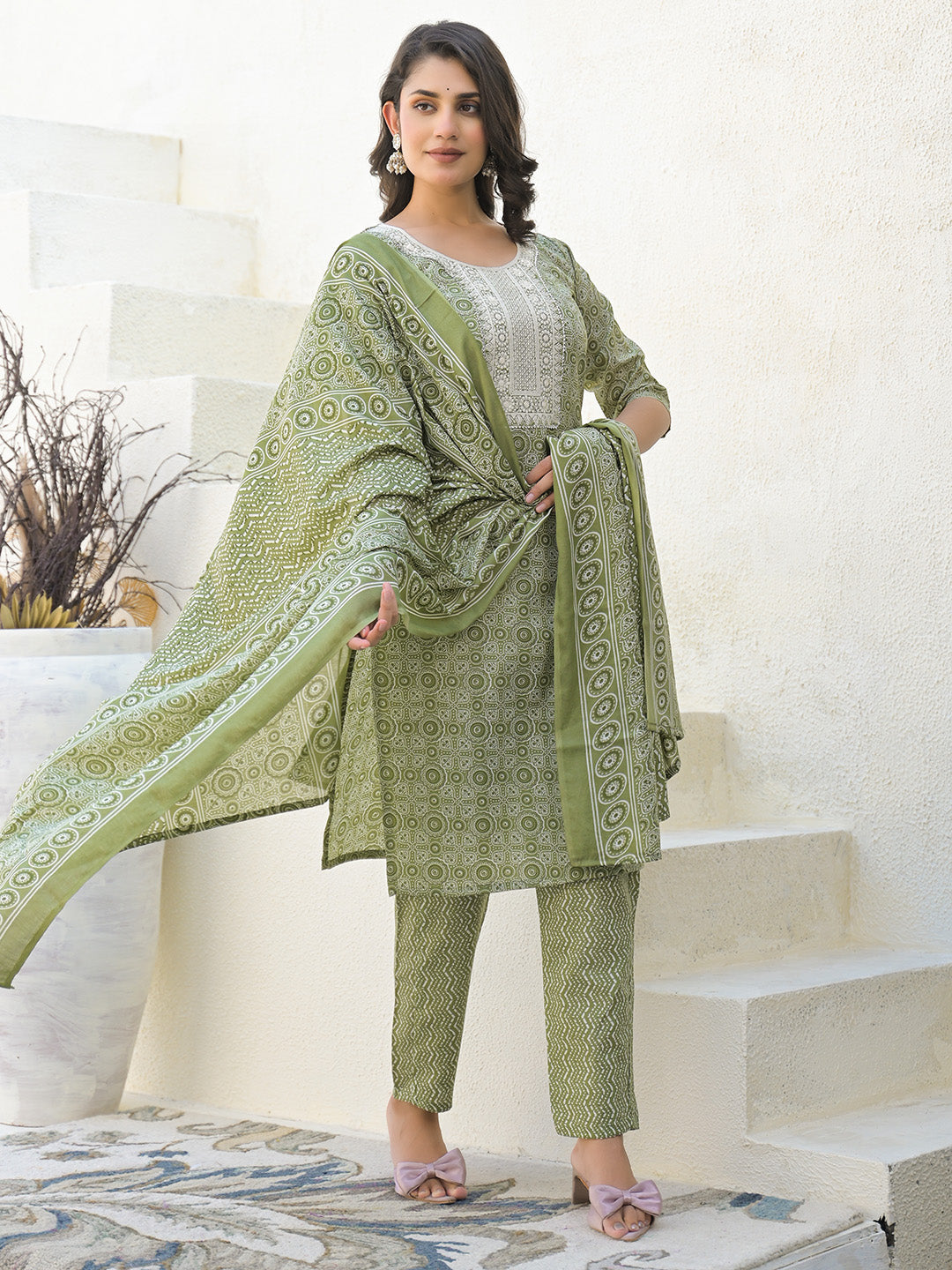 Floral Printed Cotton Kurta With Pants &amp; Dupatta
