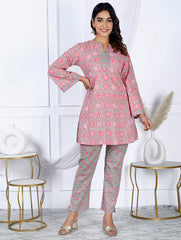 Printed Cotton Blend Kurti With Pants & Dupatta