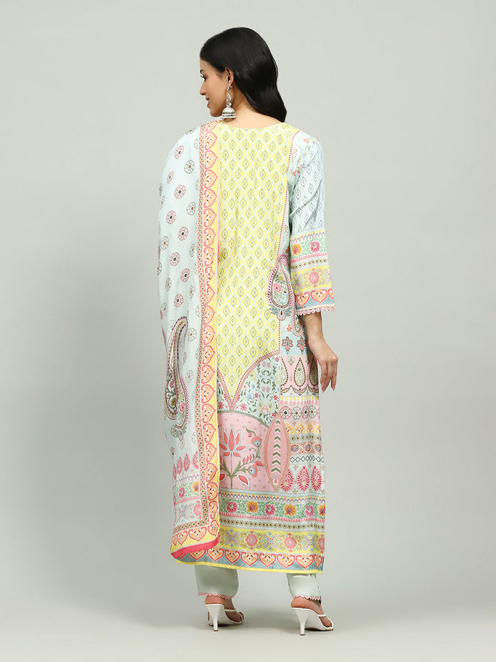 Printed Cotton Blend Kurta With Pants &amp; Dupatta