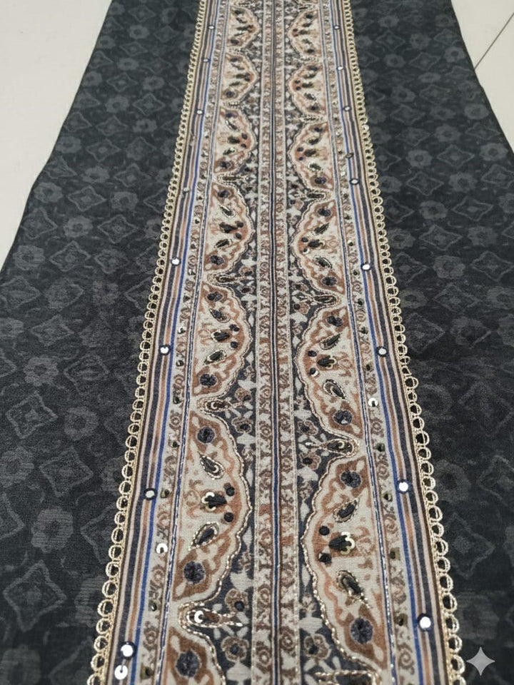 Printed Chanderi Unstitched Suit With Pant &amp; Dupatta