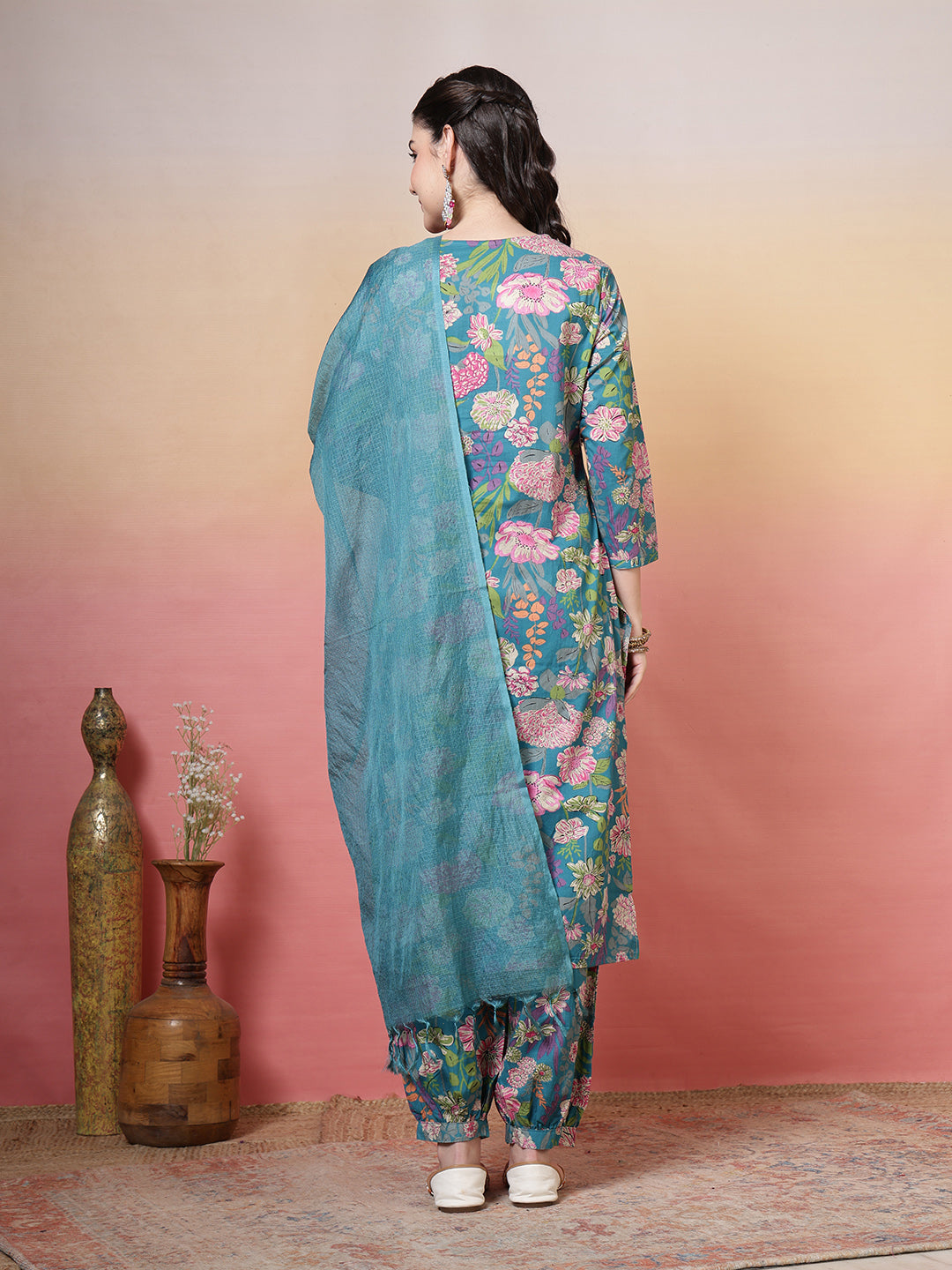 Embroidered Cotton Kurta With Pant &amp; Dupatta