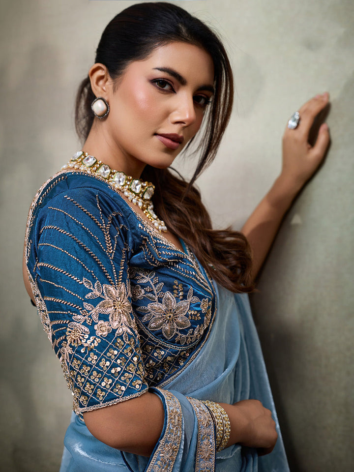 Embroidered Satin Saree With Readymade Blouse
