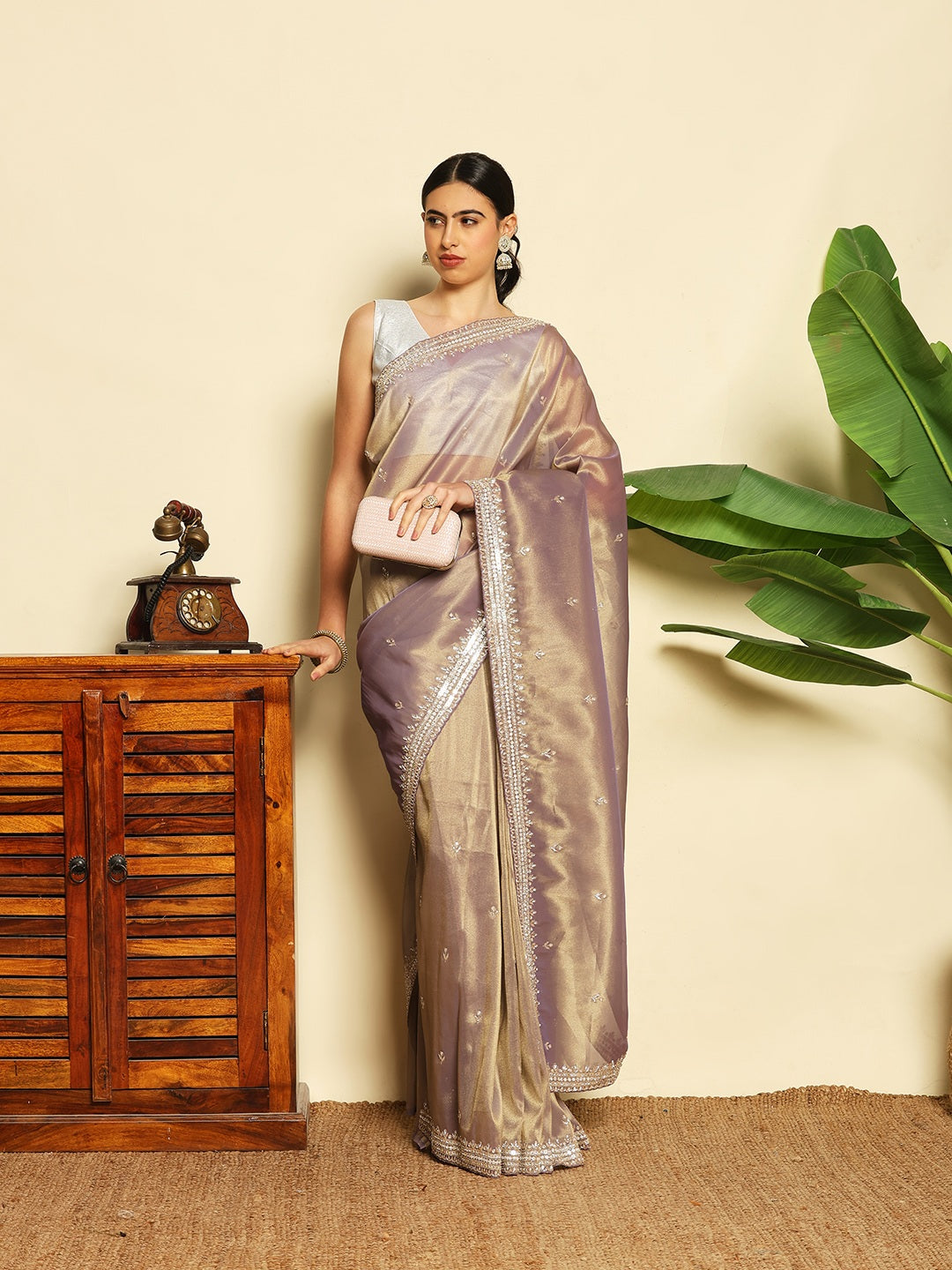 Stone &amp; Sequin Embroidered Tissue Saree