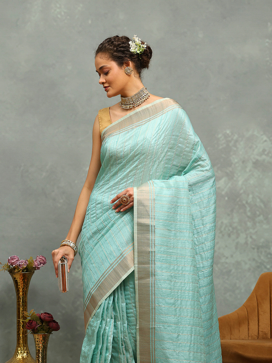 Embroidered Border Booti Art Silk Saree