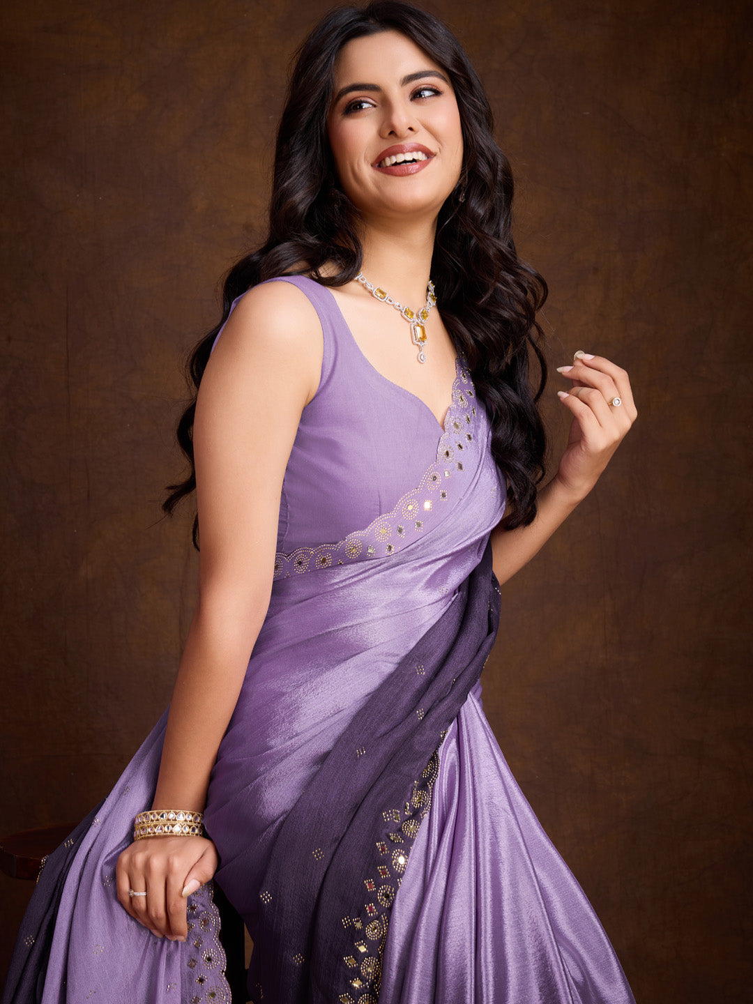 Embroidered Chinon Saree