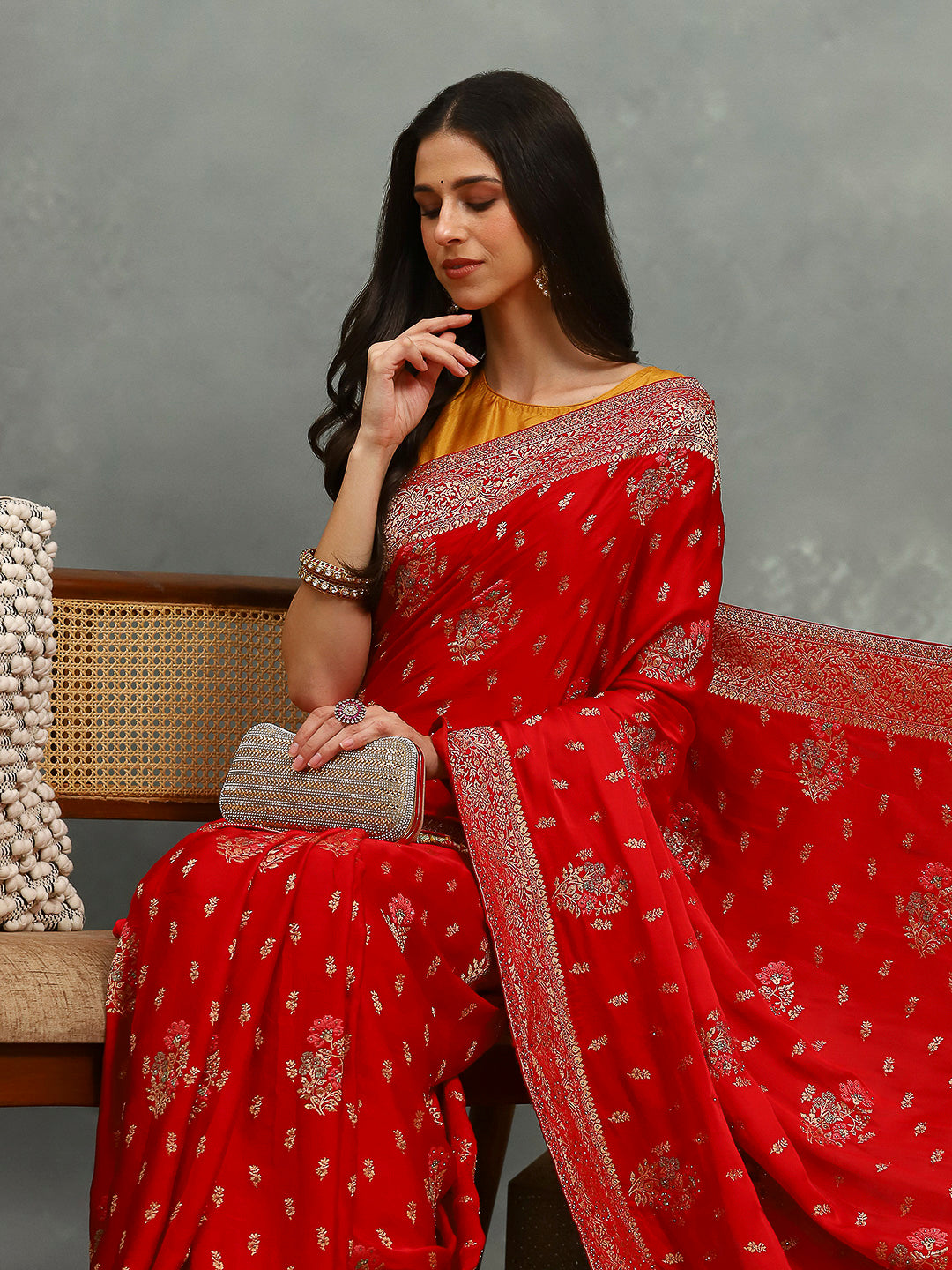 Stone Work Satin Embroidery Saree