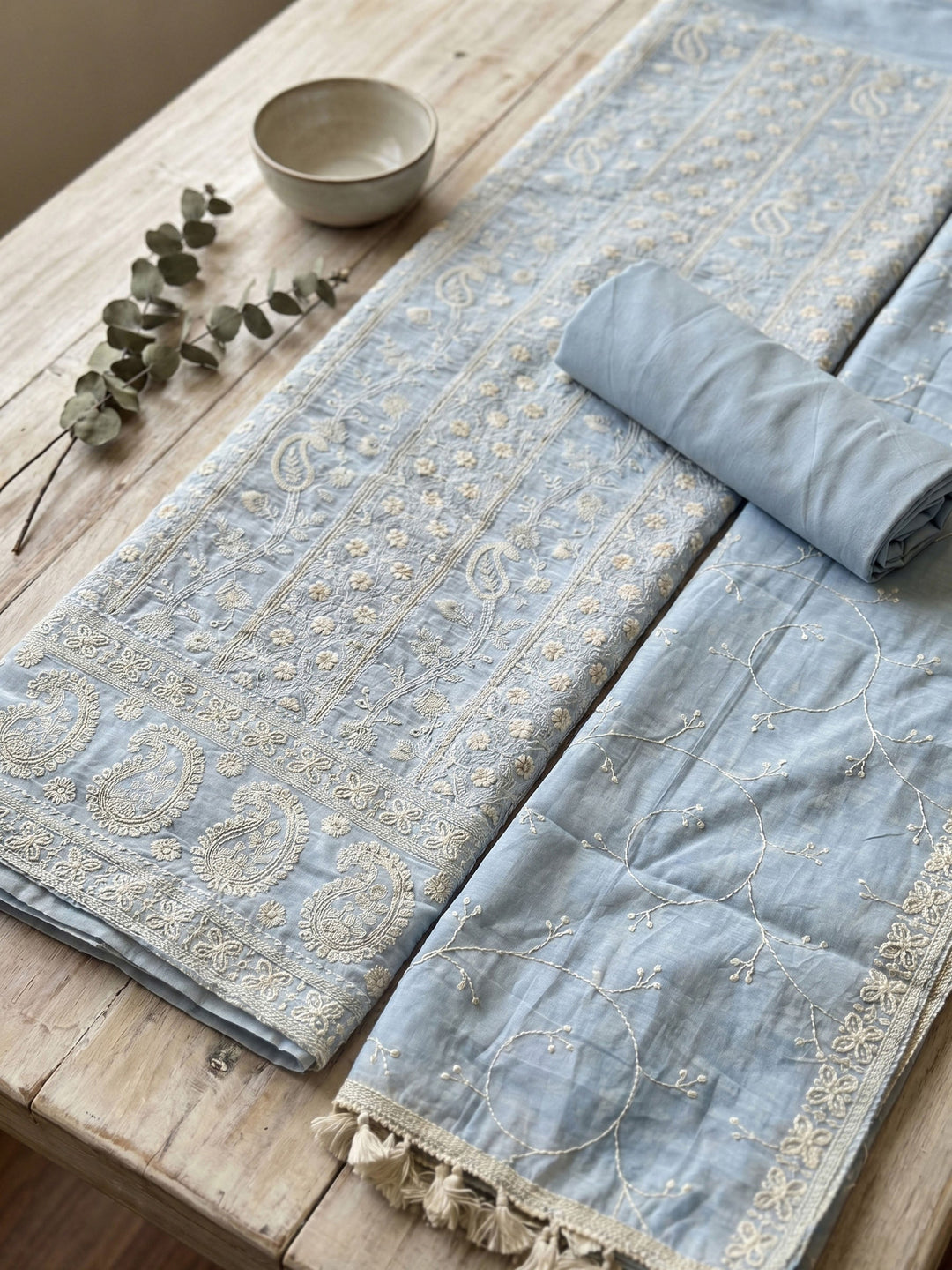 Thread Embroidered Cotton Blend Unstitched Suit With Dupatta