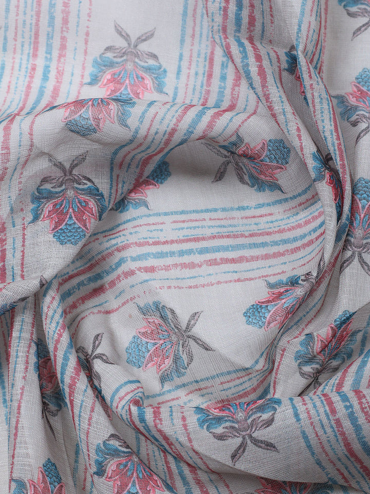 Printed Linen Blend Unstitched Suit With Pant &amp; Dupatta