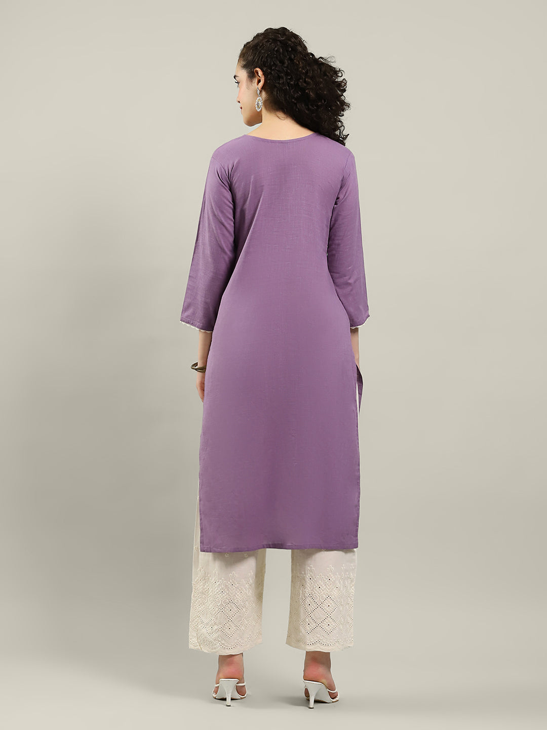 Neck Embroidered Cotton Blend Kurta With Pants