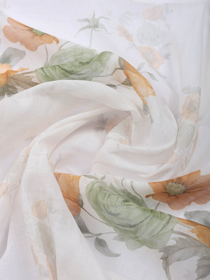Printed Linen Blend Unstitched Suit With Pant &amp; Dupatta