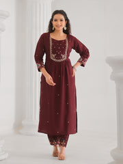 Neck Embroidery Cotton Blend Kurta With Pants & Dupatta