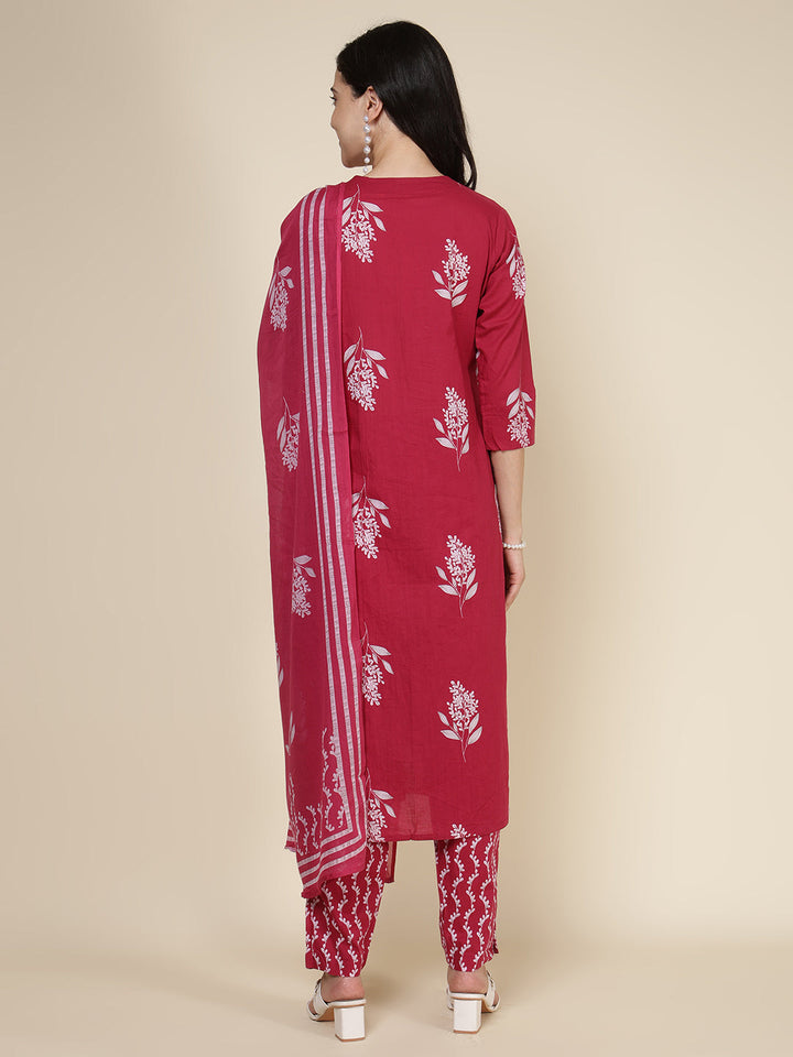 Printed Cotton Blend Kurta With Pants &amp; Dupatta