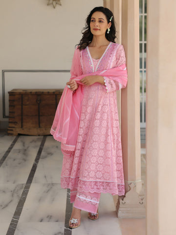 Cotton Blend Anarkali Embroidered Suit Set With Lace