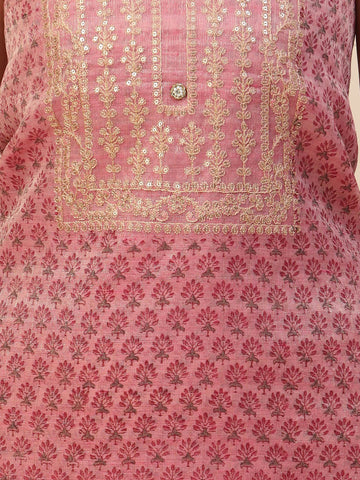 Printed & Neck Embroidered Unstitched Suit Piece With Dupatta