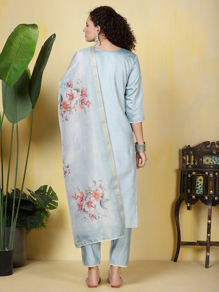 Neck Embroidered Cotton Blend Kurta With Pants &amp; Dupatta