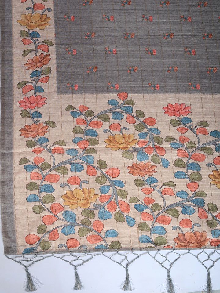 Floral Print Tussar Silk Saree
