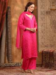 Neck Embroidered Art Silk Kurta With Pants & Dupatta