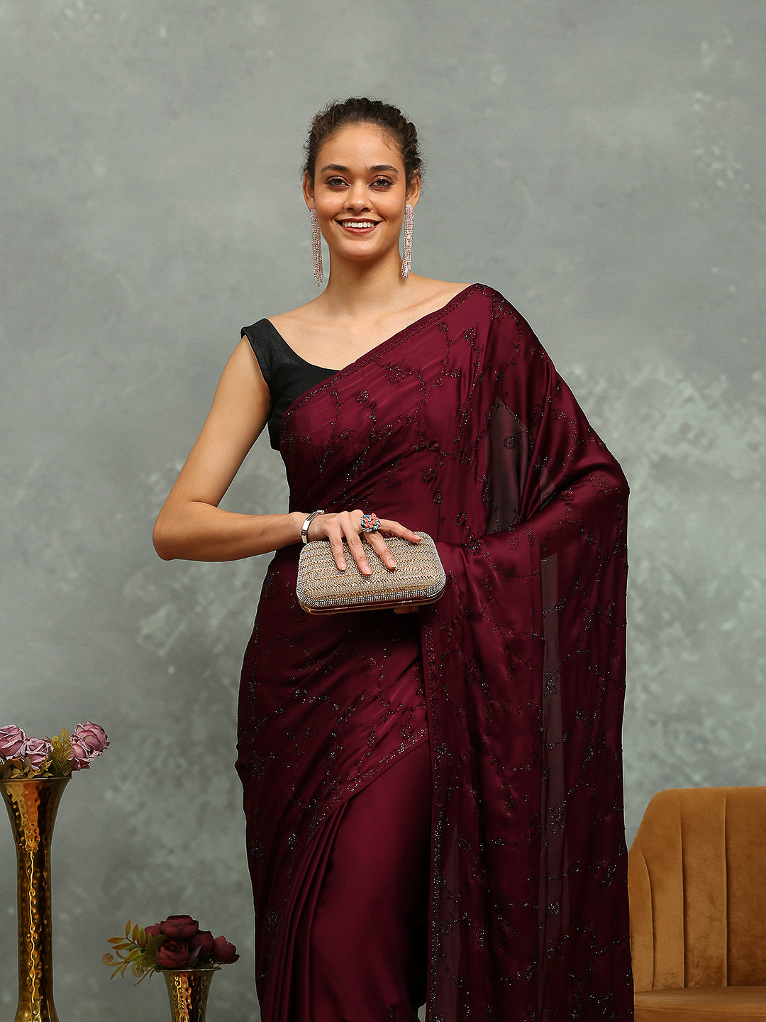 Stone Embroidered Satin Saree