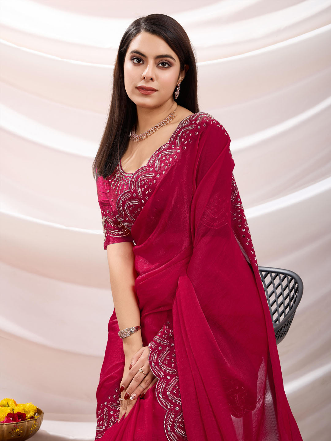 Embroidered Satin Velvet Saree