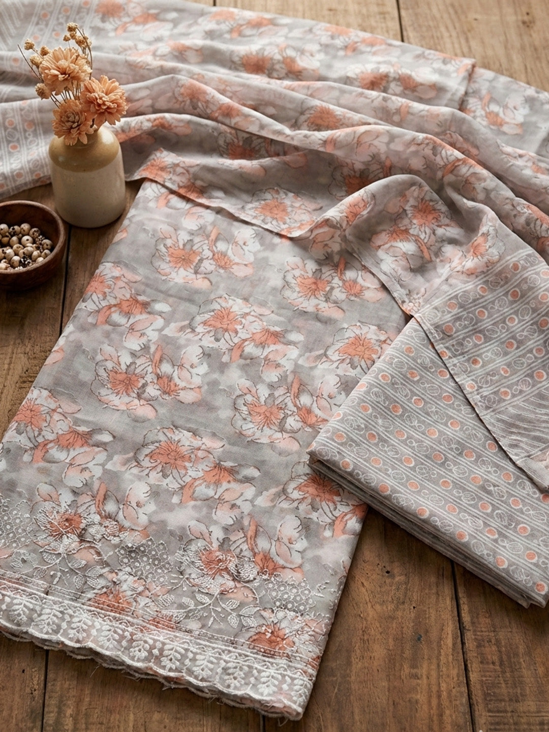 Printed Cotton Blend Unstitched Suit With Pant &amp; Dupatta
