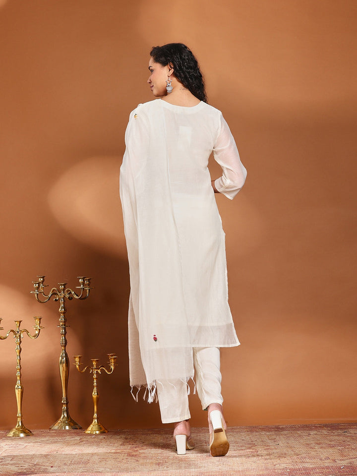 Embroidered Cotton Blend Kurta With Pant &amp; Dupatta