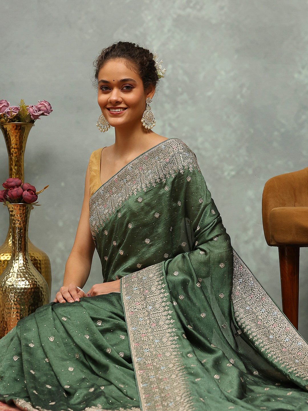 Zari Embroidered Tussar Saree