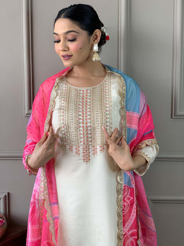 Resham Embroidered Cotton Blend Kurta With Pant & Dupatta