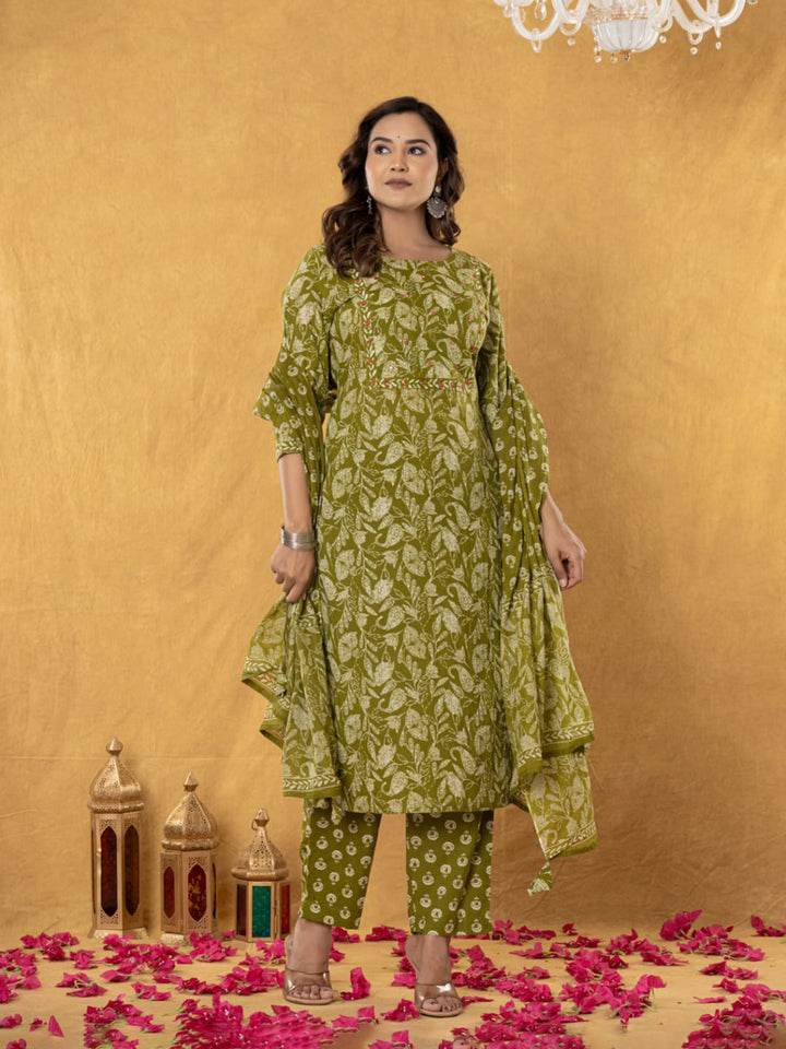 Embroidered Cotton Blend Kurta With Pant &amp; Dupatta