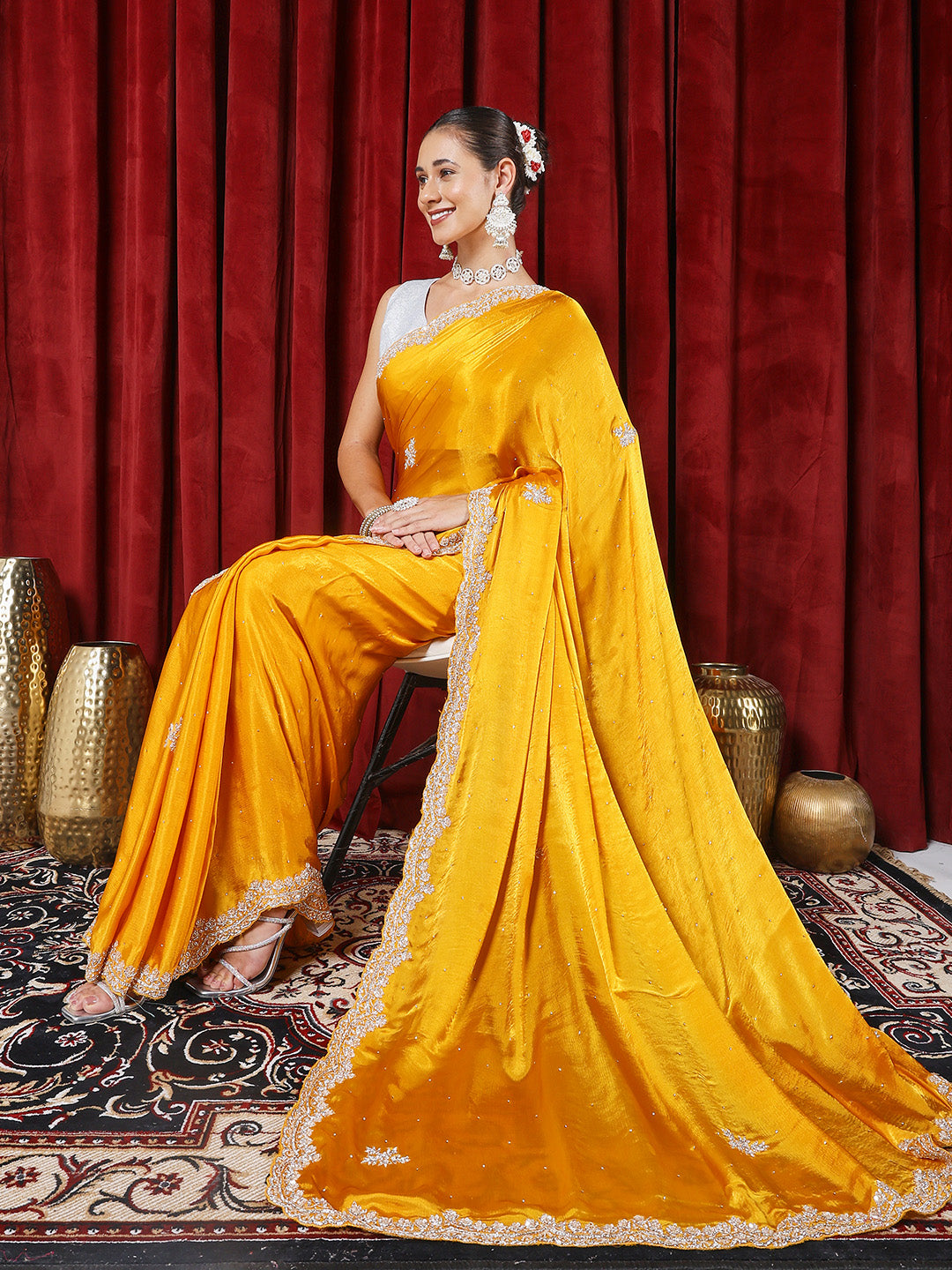 Stone &amp; Sequn Embroidered Chinon Saree