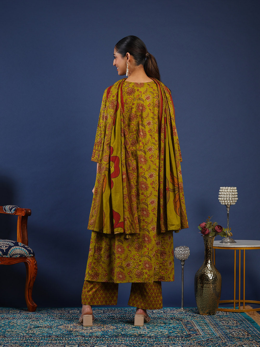 Mehndi Cotton Blend Printed Straight Suit Set