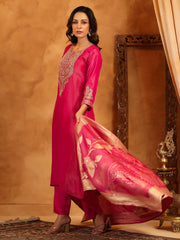 Neck Zari Embroidery Tissue Kurta With Pants & Dupatta