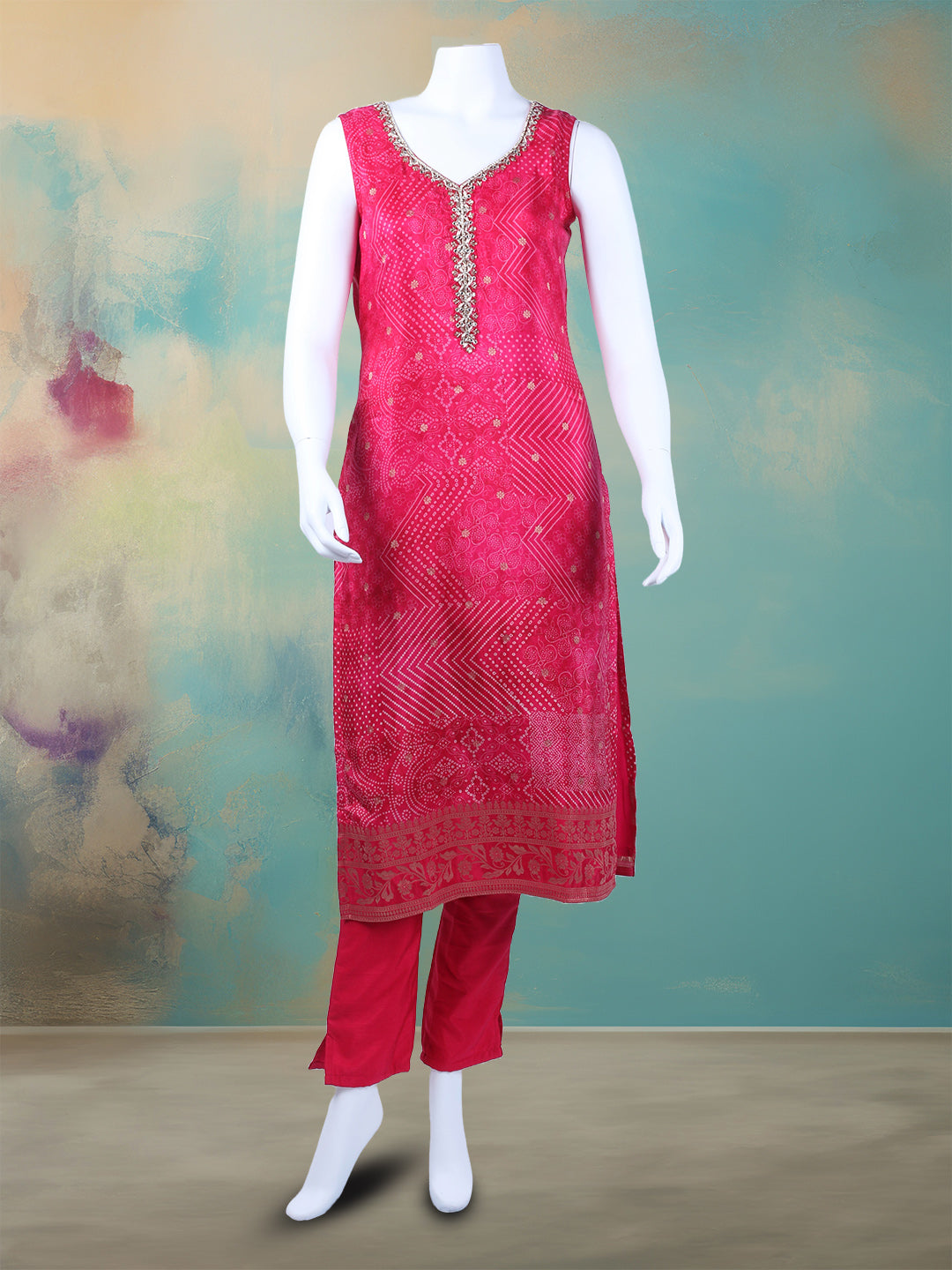 Bandhani Printed Art Silk Kurta With Pants & Dupatta
