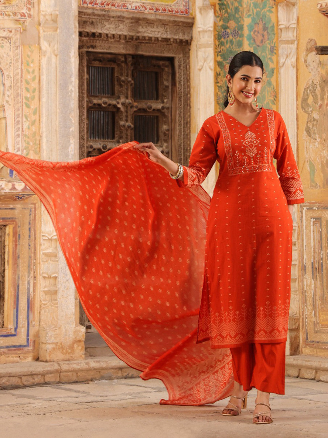 Red Cotton Blend Printed Straight Suit Set