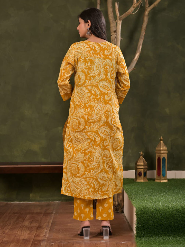 Yellow Embroidered Cotton Blend Straight Suit Set With Dupatta