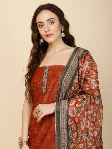 Kantha Embroidery & Printed Chanderi Unstitched Suit Piece With Dupatta