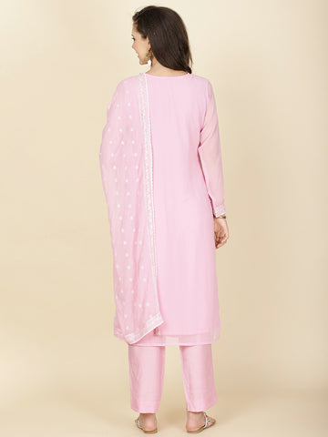 All Over Embroidered Georgette Kurta With Pants & Dupatta
