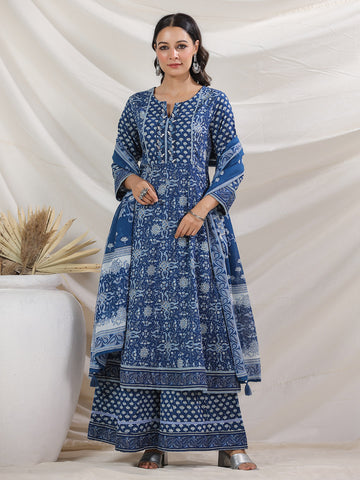 Floral Printed Cotton Blend Kurta With Palazzo & Dupatta