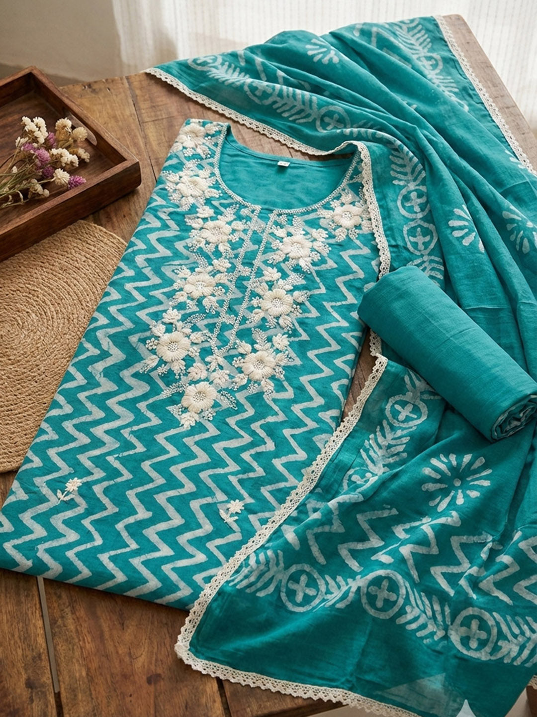 Printed Chanderi Unstitched Suit With Pant &amp; Dupatta