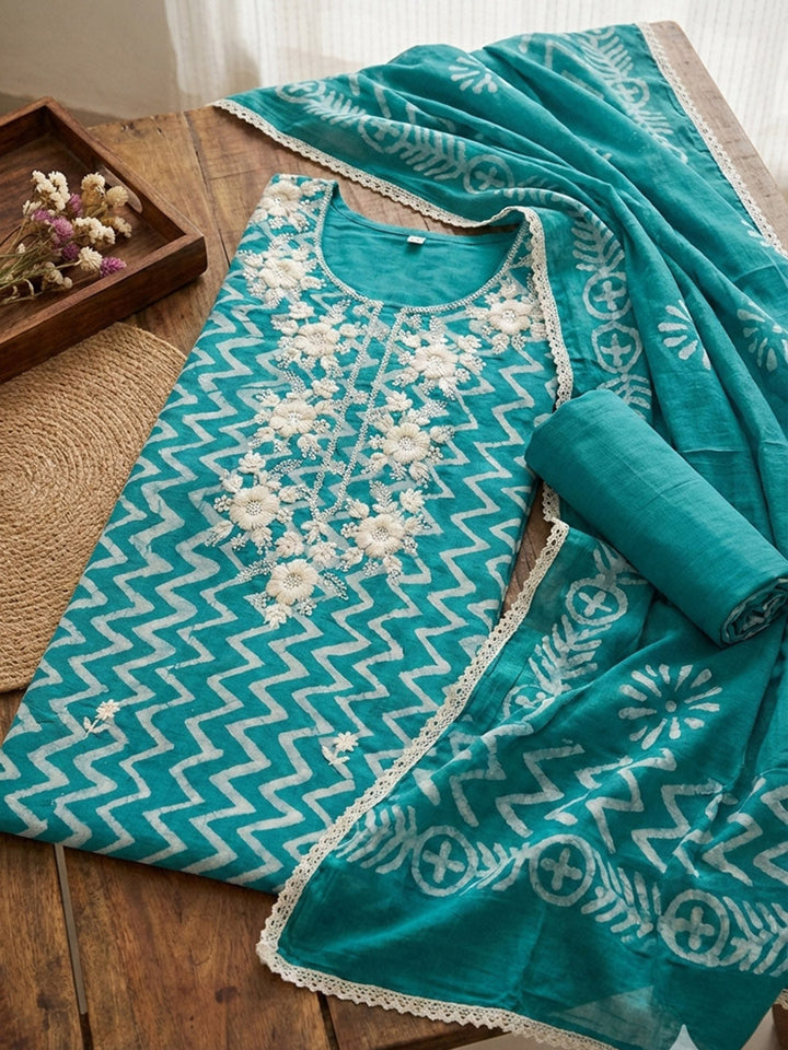 Printed Chanderi Unstitched Suit With Pant &amp; Dupatta